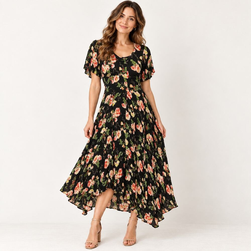 Xotica Flora Midi Dress Womens Small Black Pink Crinkle Crepe Stretchy Flowy